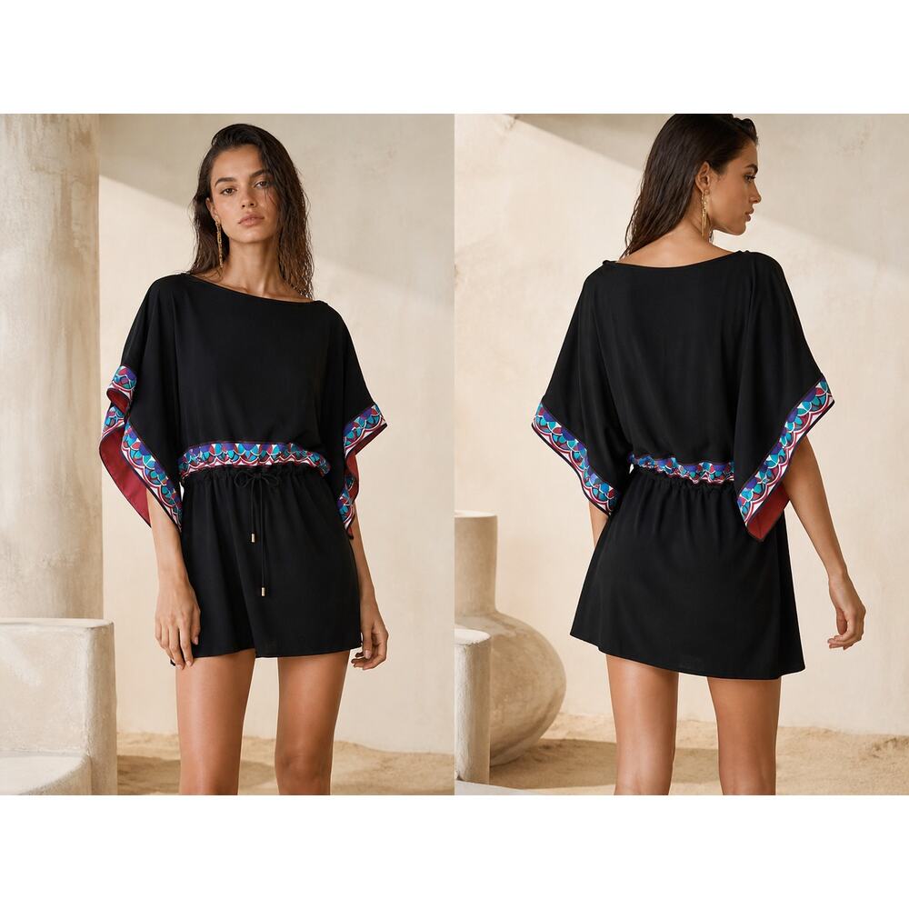 Emilio Pucci Black Kaftan Black Mini Dress Print Drawstring AS IS Boat Neck M